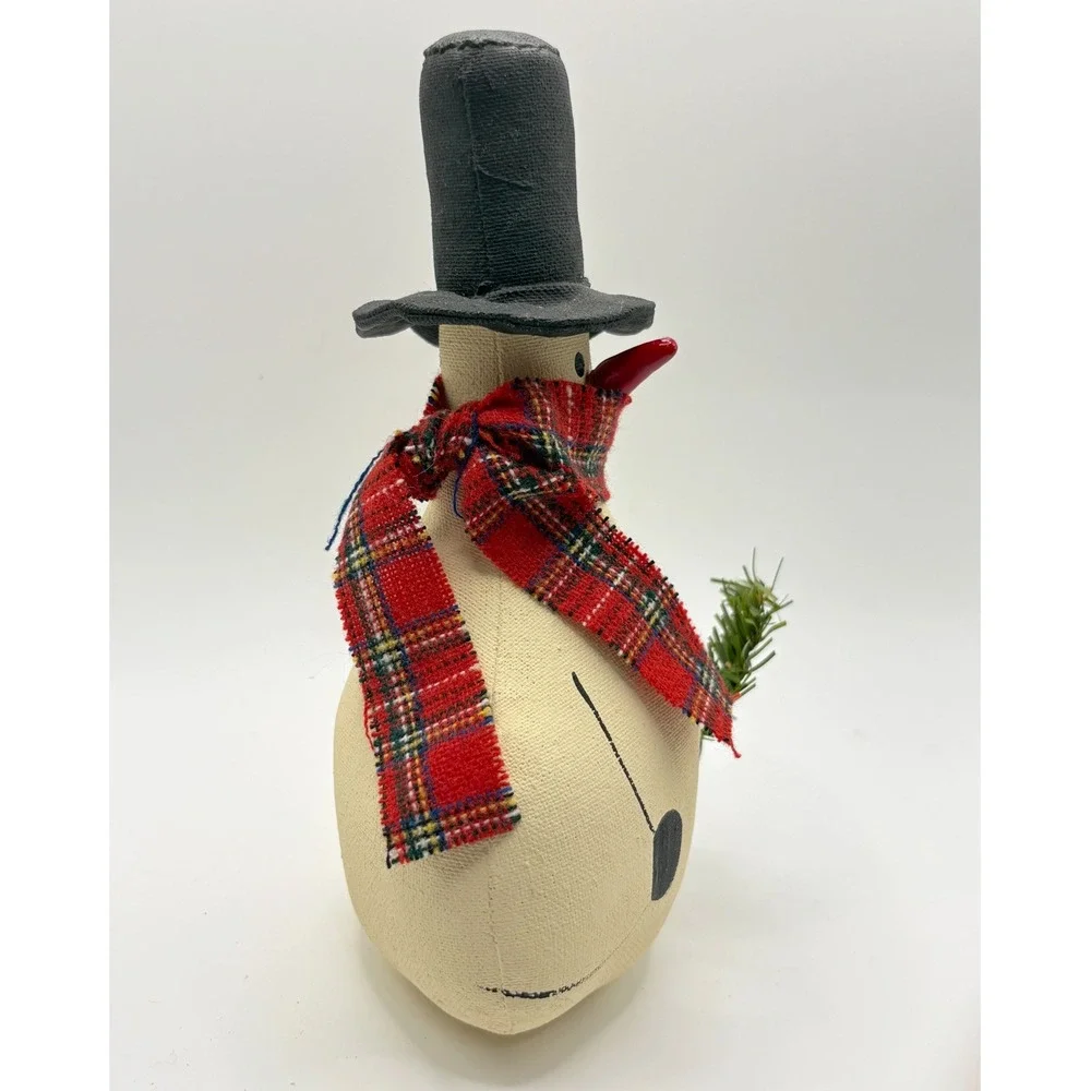 Vintage Handmade Primitive Snowman Red Plaid Scarf Black Hat Folk Art Christmas